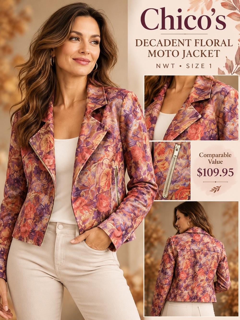 Chico's Decadent Floral Faux Suede Moto Jacket Boho Fall NWT Size 1